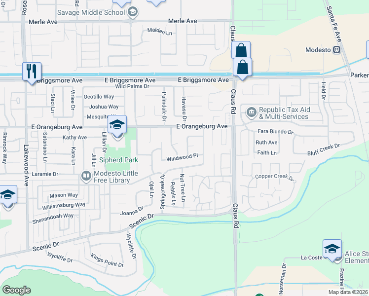 map of restaurants, bars, coffee shops, grocery stores, and more near 1309 Broughton Place in Modesto