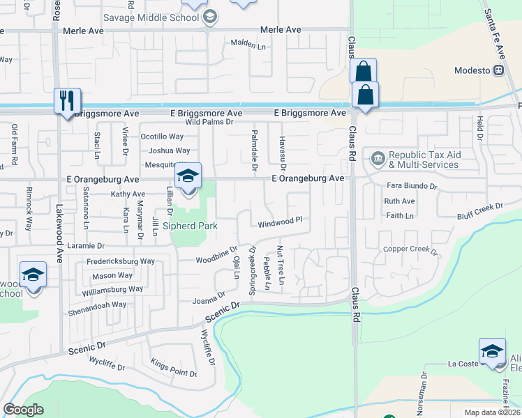 map of restaurants, bars, coffee shops, grocery stores, and more near 1329 Hidden Glen Drive in Modesto