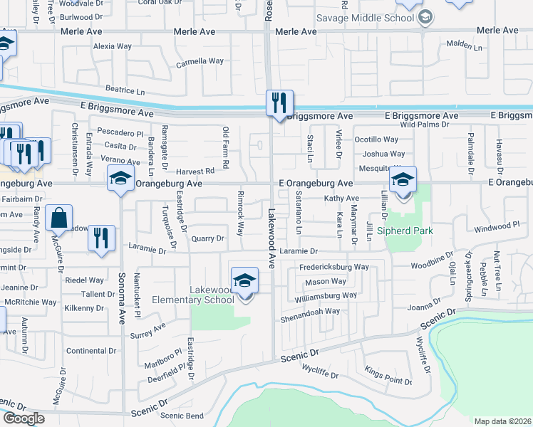 map of restaurants, bars, coffee shops, grocery stores, and more near 1320 Lakewood Avenue in Modesto