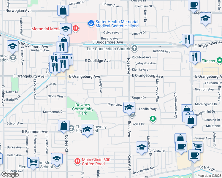 map of restaurants, bars, coffee shops, grocery stores, and more near 1313 Liberini Court in Modesto