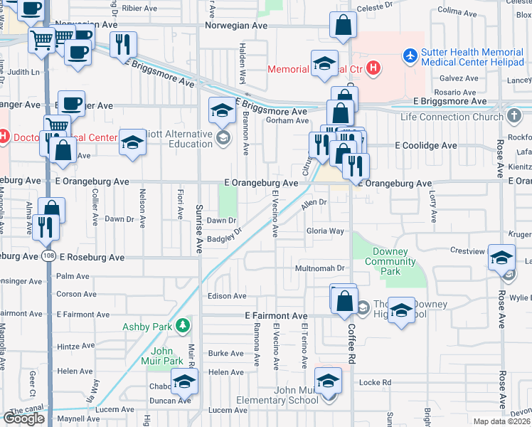 map of restaurants, bars, coffee shops, grocery stores, and more near 1012 Badgley Drive in Modesto