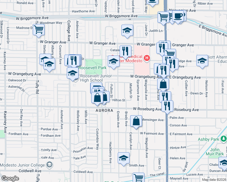 map of restaurants, bars, coffee shops, grocery stores, and more near 1241 Fulton Street in Modesto