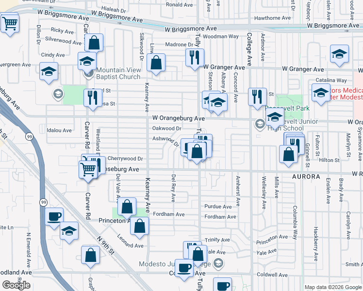 map of restaurants, bars, coffee shops, grocery stores, and more near 1320 Ashwood Drive in Modesto