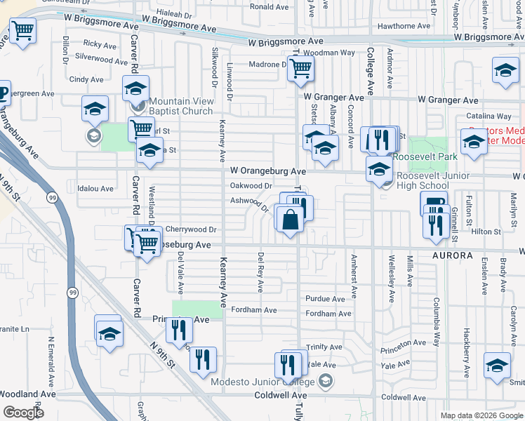 map of restaurants, bars, coffee shops, grocery stores, and more near 1320 Ashwood Drive in Modesto