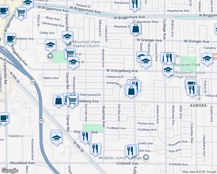 map of restaurants, bars, coffee shops, grocery stores, and more near 1401 Maplewood Drive in Modesto