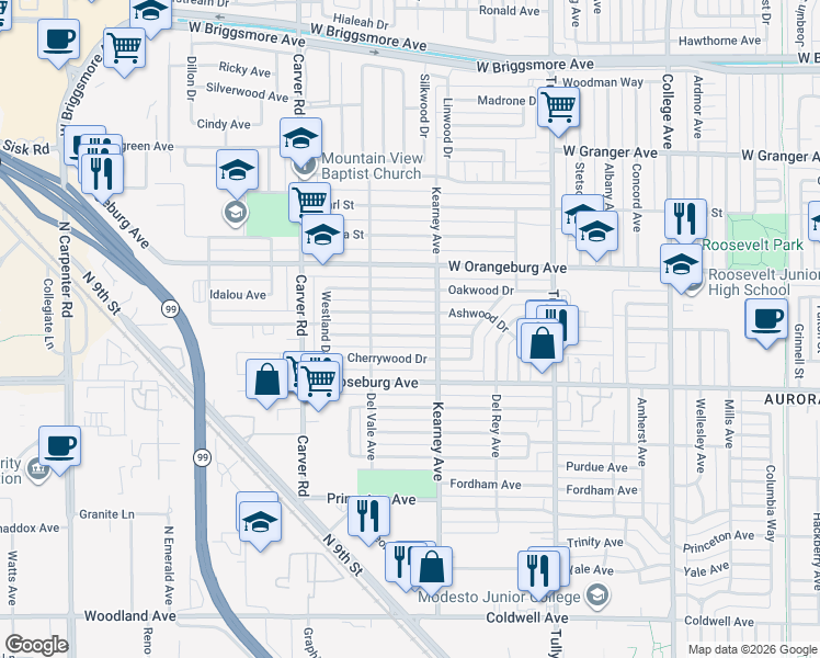 map of restaurants, bars, coffee shops, grocery stores, and more near 1529 Maplewood Drive in Modesto