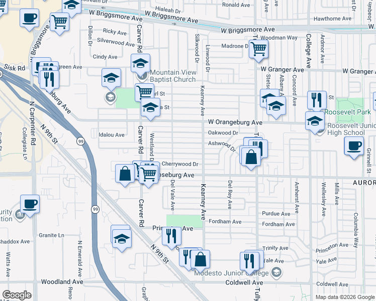 map of restaurants, bars, coffee shops, grocery stores, and more near 1529 Maplewood Drive in Modesto