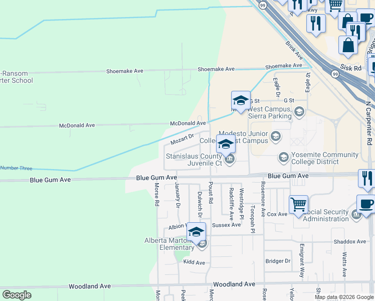map of restaurants, bars, coffee shops, grocery stores, and more near 2704 Amadeus Drive in Modesto