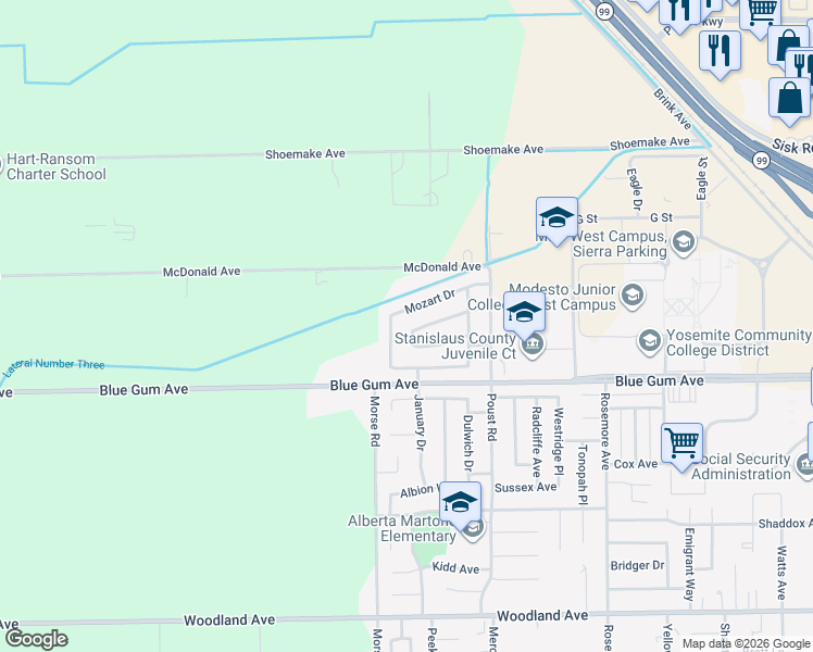 map of restaurants, bars, coffee shops, grocery stores, and more near 1808 Beethoven Way in Modesto