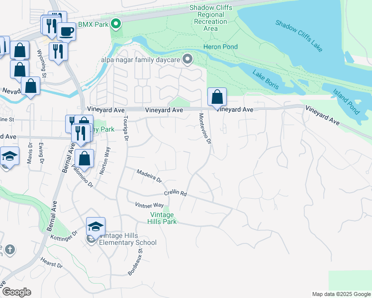 map of restaurants, bars, coffee shops, grocery stores, and more near 2985 Amoroso Court in Pleasanton