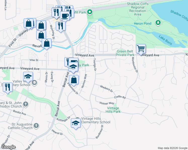 map of restaurants, bars, coffee shops, grocery stores, and more near 3307 Touriga Drive in Pleasanton