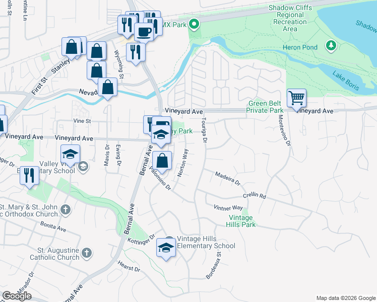map of restaurants, bars, coffee shops, grocery stores, and more near 3399 Norton Way in Pleasanton