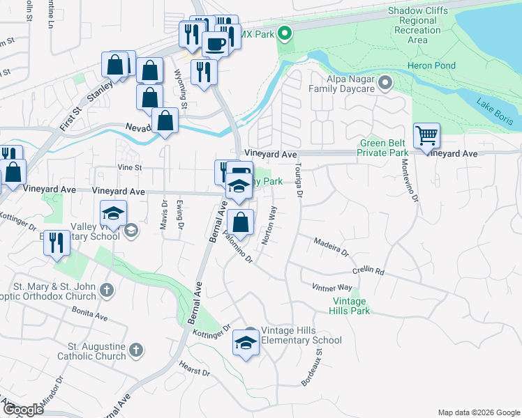 map of restaurants, bars, coffee shops, grocery stores, and more near 3399 Norton Way in Pleasanton