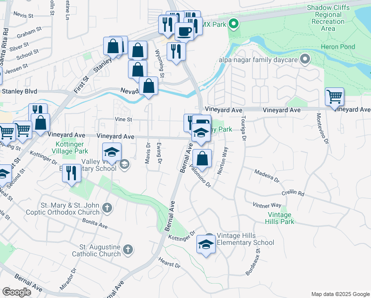 map of restaurants, bars, coffee shops, grocery stores, and more near 3560 Bernal Avenue in Pleasanton