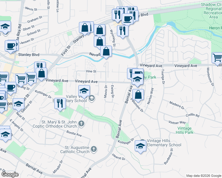 map of restaurants, bars, coffee shops, grocery stores, and more near 405 Ewing Drive in Pleasanton