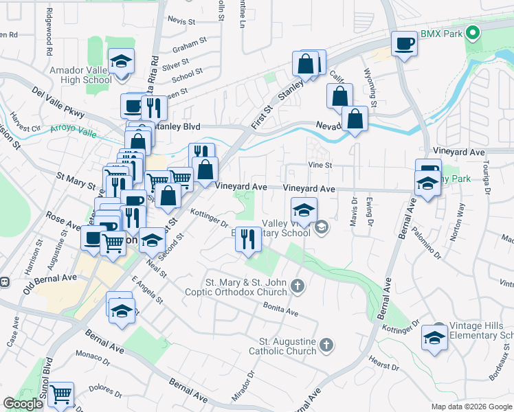 map of restaurants, bars, coffee shops, grocery stores, and more near 342 Christina Court in Pleasanton