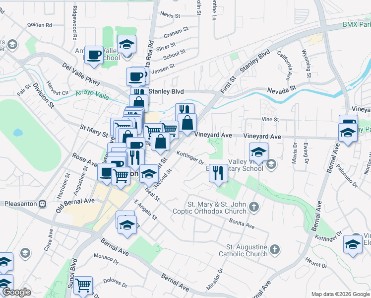 map of restaurants, bars, coffee shops, grocery stores, and more near in Pleasanton