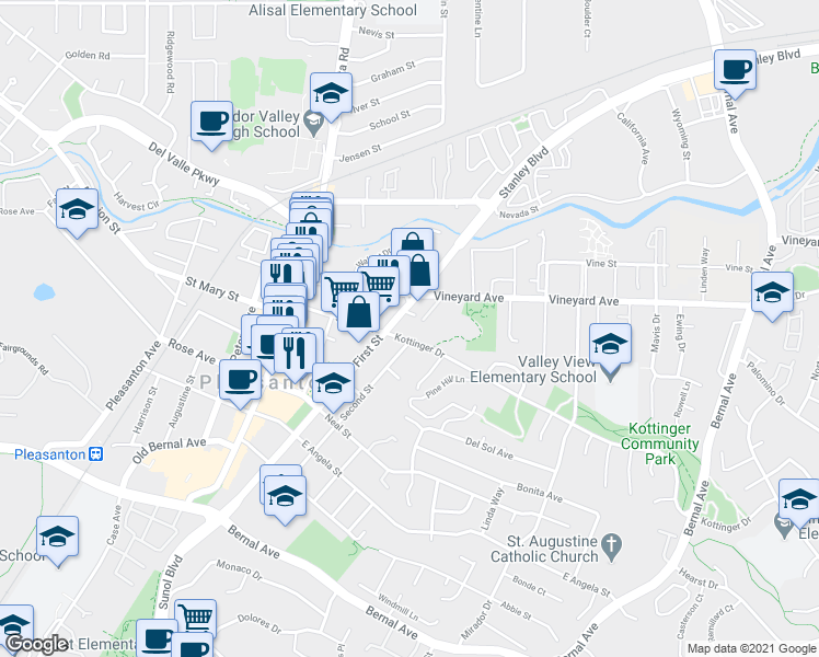 map of restaurants, bars, coffee shops, grocery stores, and more near in Pleasanton