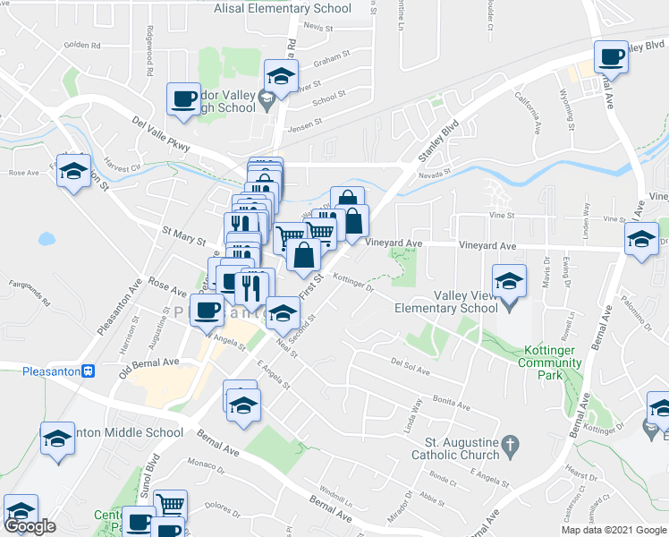 map of restaurants, bars, coffee shops, grocery stores, and more near in Pleasanton