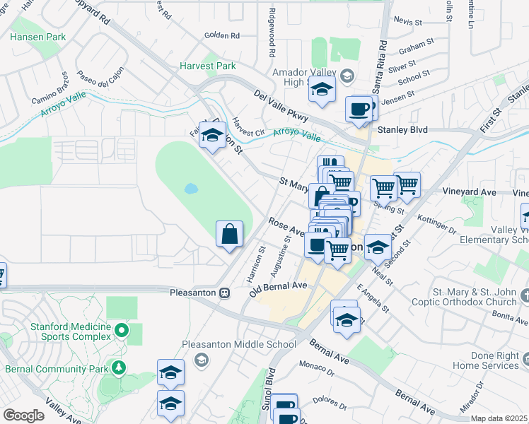 map of restaurants, bars, coffee shops, grocery stores, and more near 503 Rose Avenue in Pleasanton