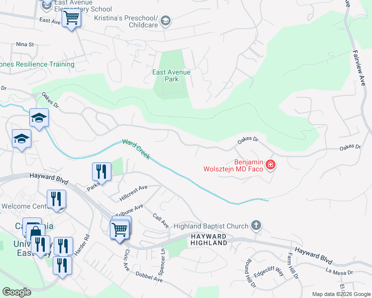 map of restaurants, bars, coffee shops, grocery stores, and more near 3425 Oakes Drive in Hayward