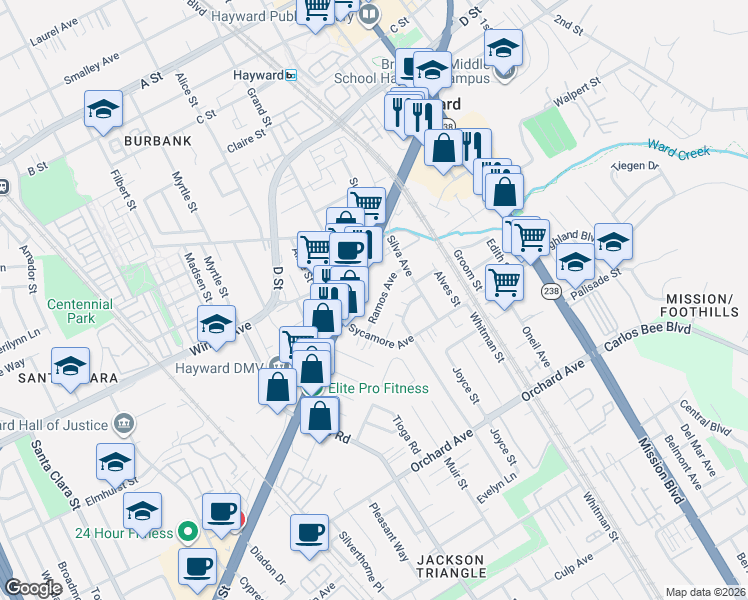 map of restaurants, bars, coffee shops, grocery stores, and more near 464 Ramos Avenue in Hayward