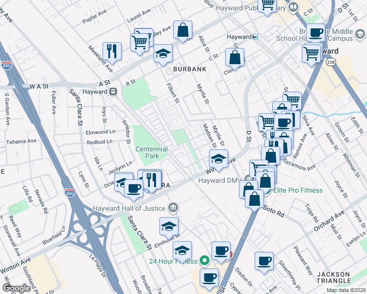 map of restaurants, bars, coffee shops, grocery stores, and more near 2252 Morrow Street in Hayward