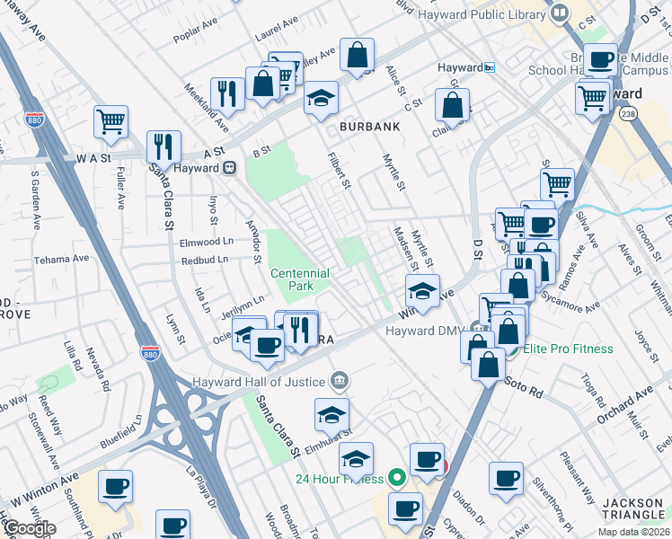 map of restaurants, bars, coffee shops, grocery stores, and more near in Hayward