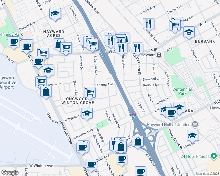 map of restaurants, bars, coffee shops, grocery stores, and more near 22723 Happyland Avenue in Hayward