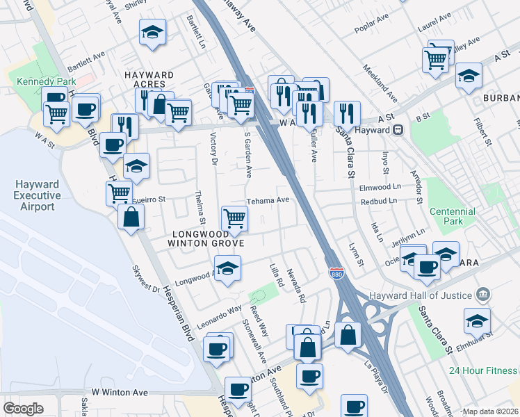 map of restaurants, bars, coffee shops, grocery stores, and more near 688 Tehama Avenue in Hayward