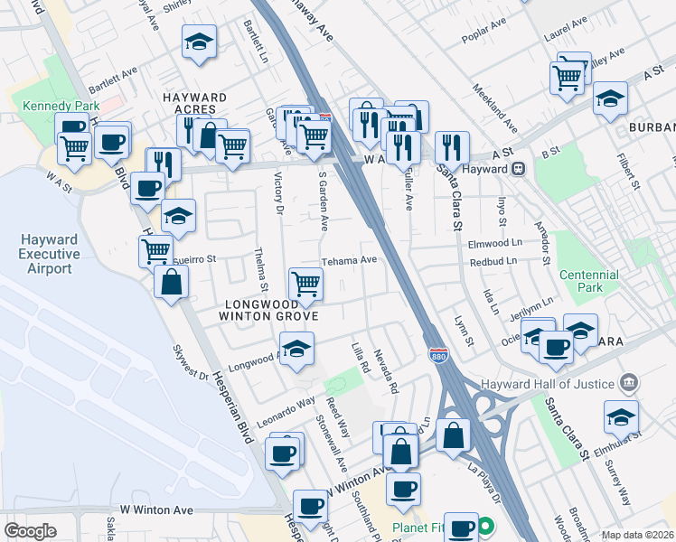 map of restaurants, bars, coffee shops, grocery stores, and more near 688 Tehama Avenue in Hayward