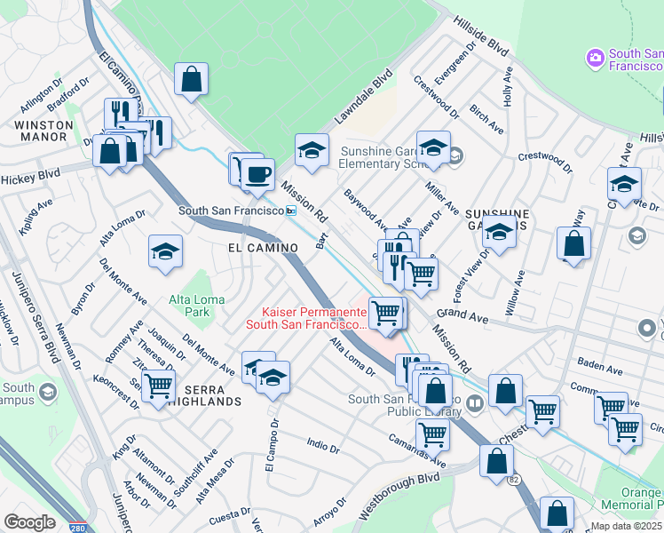 map of restaurants, bars, coffee shops, grocery stores, and more near 1383 El Camino Real in South San Francisco
