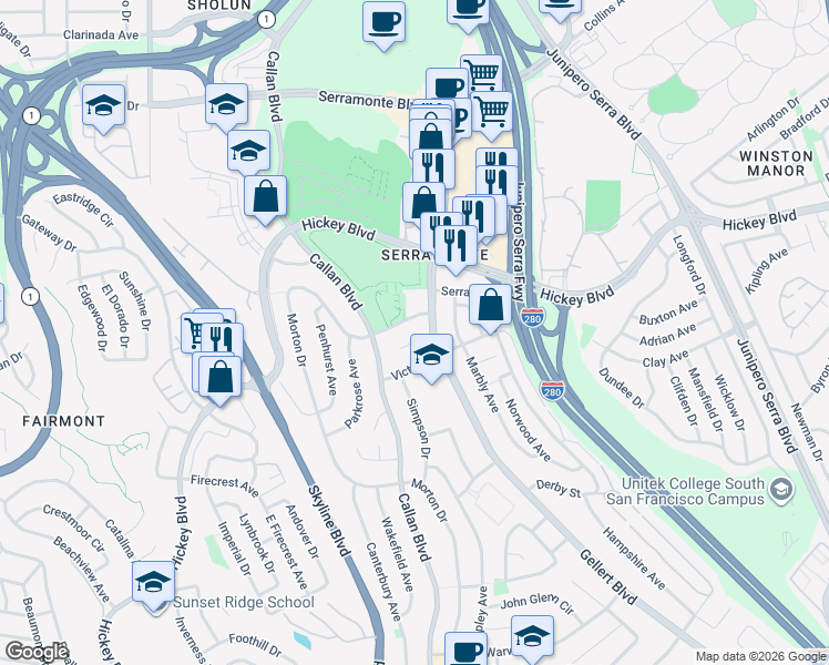 map of restaurants, bars, coffee shops, grocery stores, and more near 4496 Callan Boulevard in Daly City