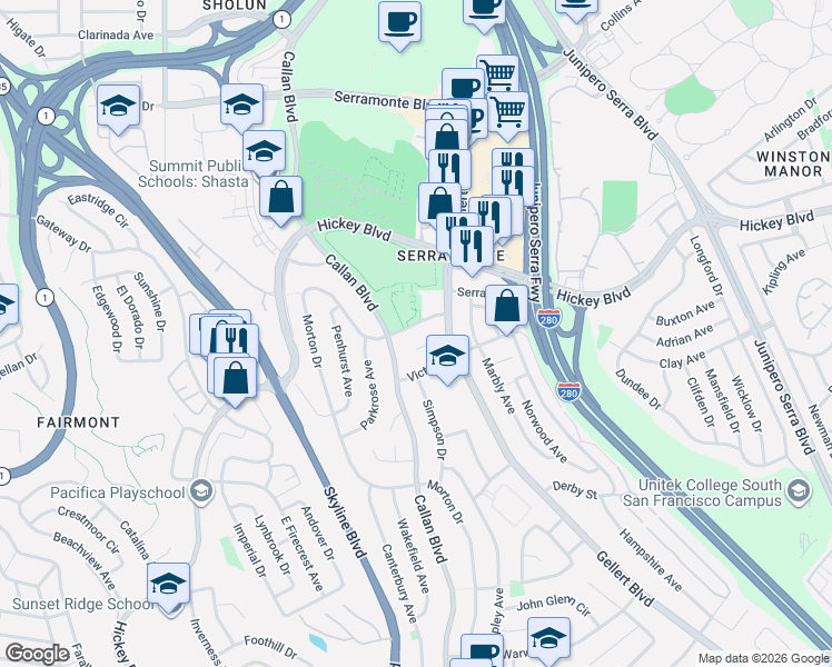 map of restaurants, bars, coffee shops, grocery stores, and more near 4496 Callan Boulevard in Daly City