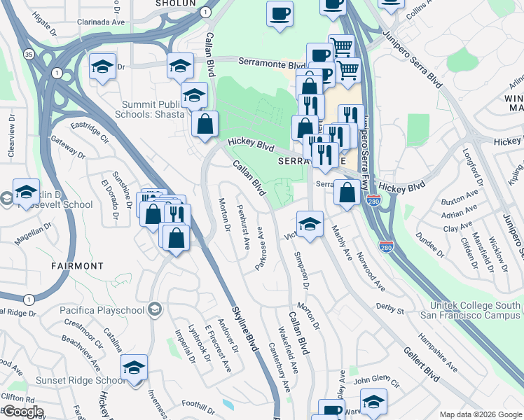 map of restaurants, bars, coffee shops, grocery stores, and more near 104 Wembley Drive in Daly City