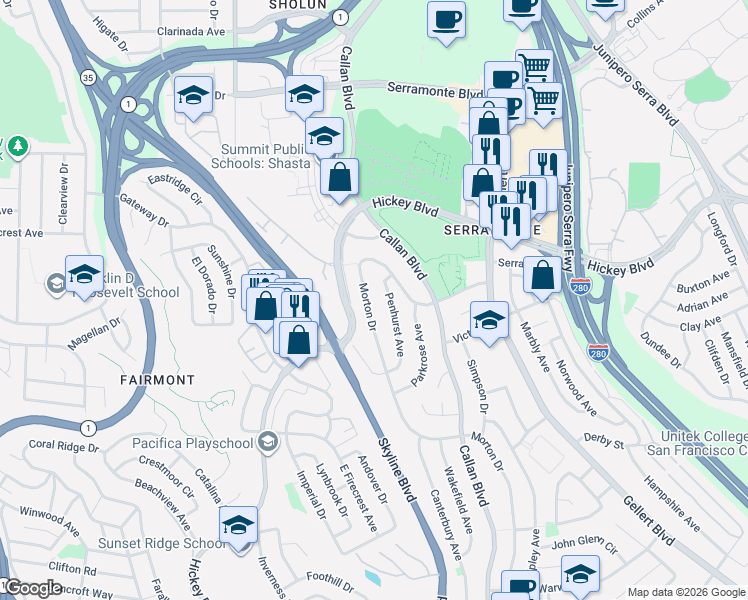 map of restaurants, bars, coffee shops, grocery stores, and more near 36 Penhurst Avenue in Daly City