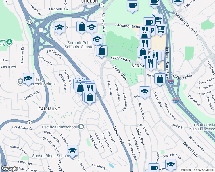 map of restaurants, bars, coffee shops, grocery stores, and more near 657 Hickey Boulevard in Daly City