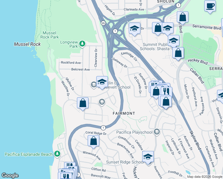 map of restaurants, bars, coffee shops, grocery stores, and more near 1189 Skyline Drive in Daly City