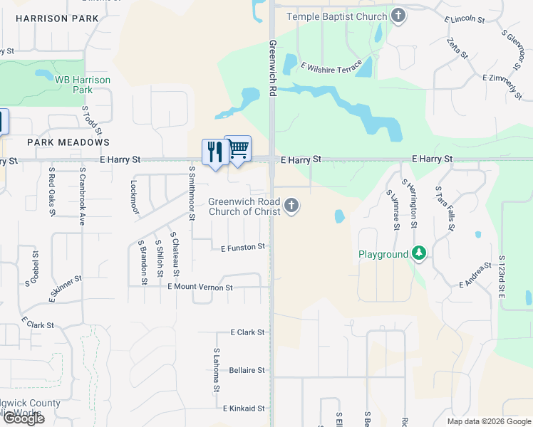 map of restaurants, bars, coffee shops, grocery stores, and more near 1824-1974 Greenwich Road in Wichita