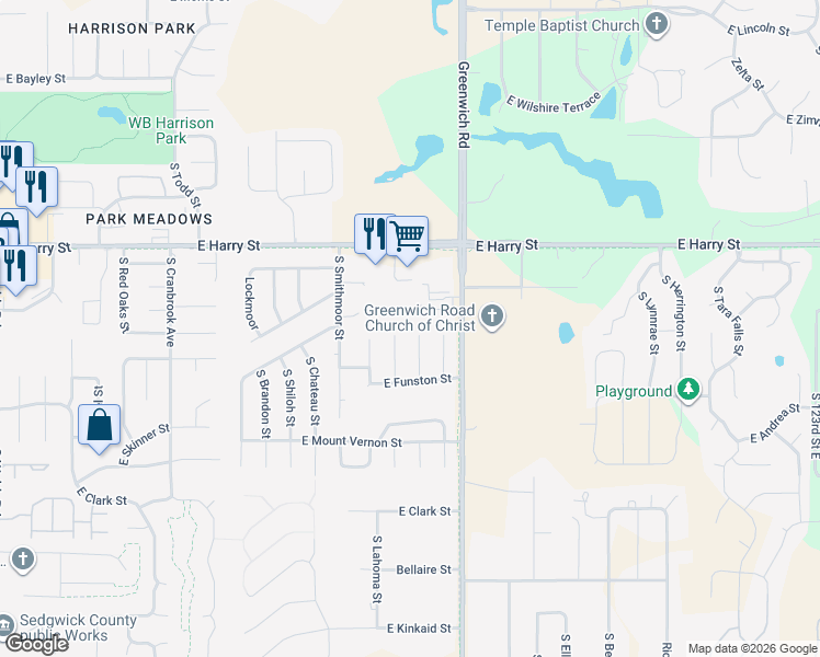 map of restaurants, bars, coffee shops, grocery stores, and more near 1702 South Christopher Circle in Wichita