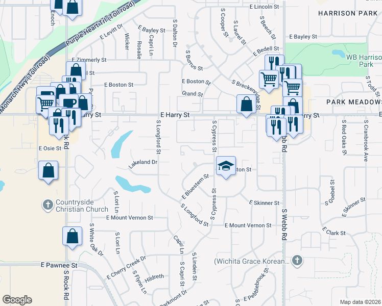 map of restaurants, bars, coffee shops, grocery stores, and more near 1717 South Cypress Street in Wichita