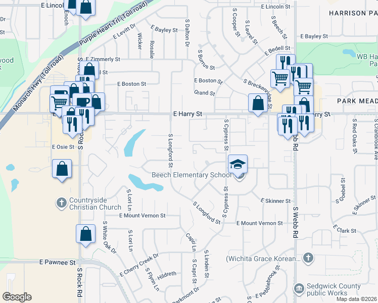 map of restaurants, bars, coffee shops, grocery stores, and more near 1717 South Cypress Street in Wichita
