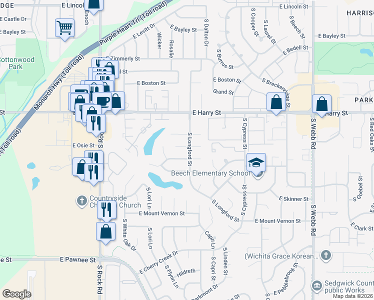 map of restaurants, bars, coffee shops, grocery stores, and more near 8601 East Arthur Circle in Wichita