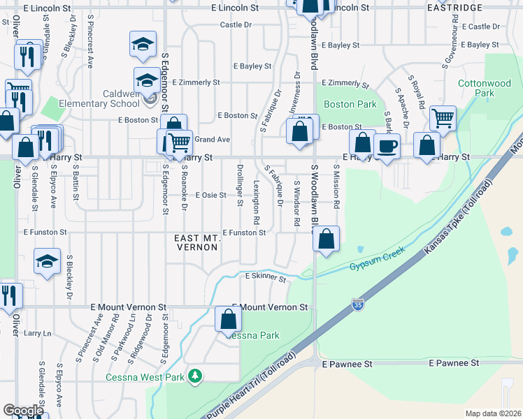 map of restaurants, bars, coffee shops, grocery stores, and more near 1727 Lexington Road in Wichita