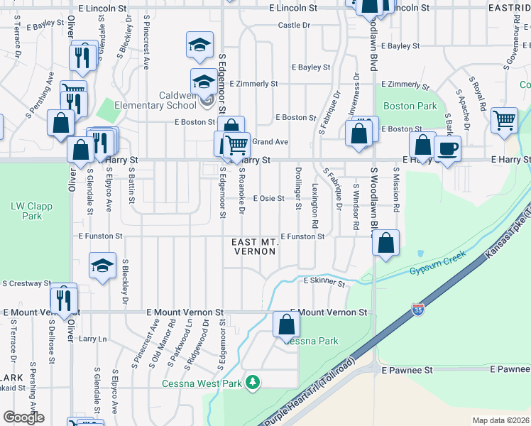 map of restaurants, bars, coffee shops, grocery stores, and more near 1701-1799 S Faulders Ln in Wichita