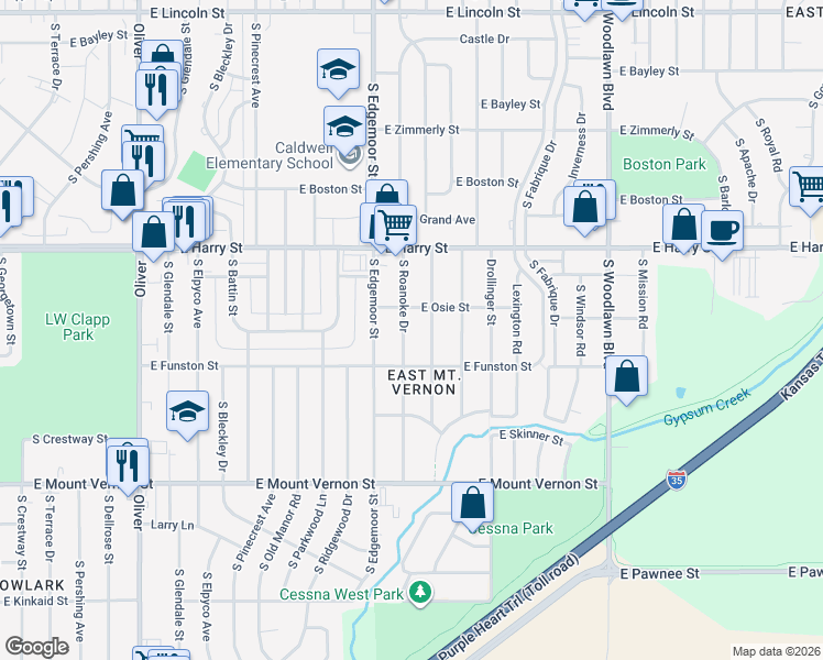 map of restaurants, bars, coffee shops, grocery stores, and more near 1725 Roanoke Street in Wichita