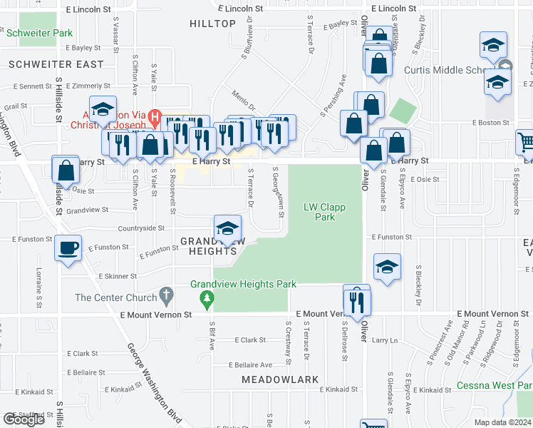 map of restaurants, bars, coffee shops, grocery stores, and more near 1655 South Georgetown Street in Wichita