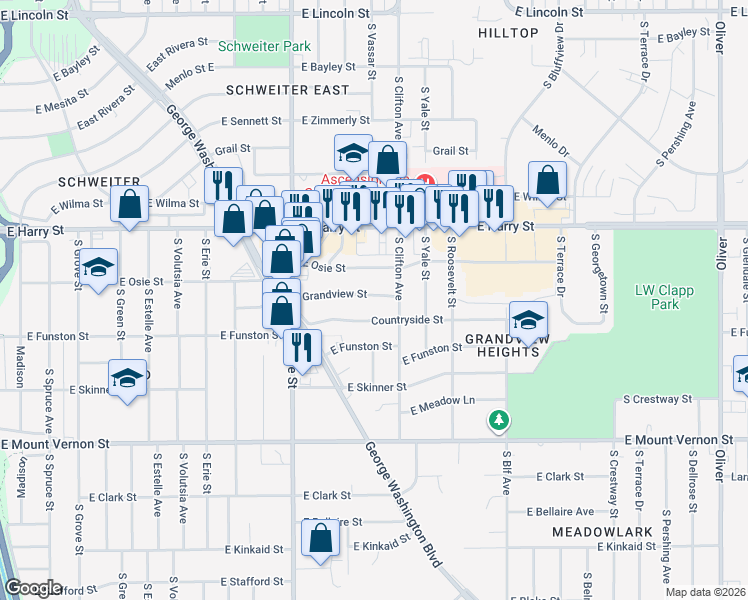map of restaurants, bars, coffee shops, grocery stores, and more near 3405 Grandview Street in Wichita