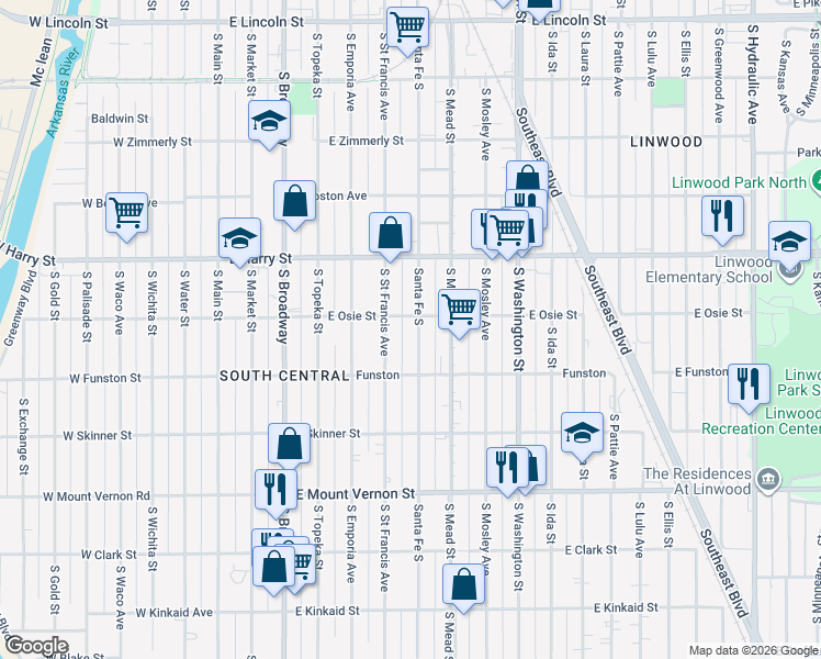 map of restaurants, bars, coffee shops, grocery stores, and more near 1715 Santa Fe South in Wichita