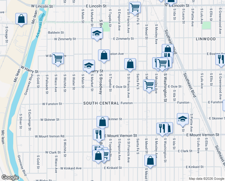 map of restaurants, bars, coffee shops, grocery stores, and more near 1715 South Emporia Avenue in Wichita